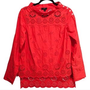 J. Crew Red Top Eyelet Lace Blouse Womens Size 2 Cotton Mock Neck Long Sleeve